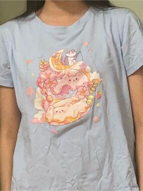 3/$25 Light Blue Cute Kawaii Cat Moon Graphic Tee
